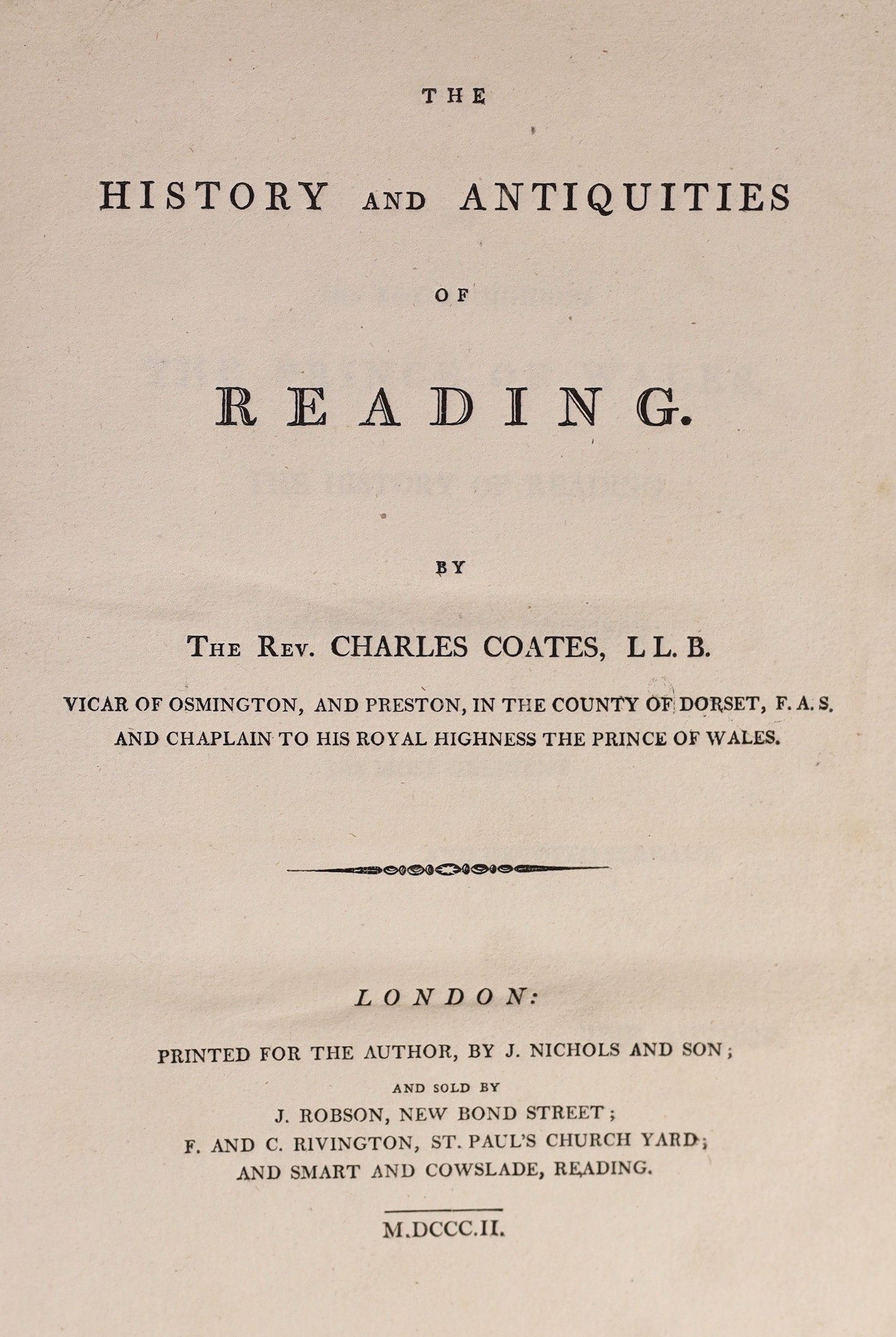 READING - Coates, Charles, Rev. - The History and Antiquities of Reading, 4to, half calf, with folding frontis map and 7 plates (1 of them folding), London, 1802